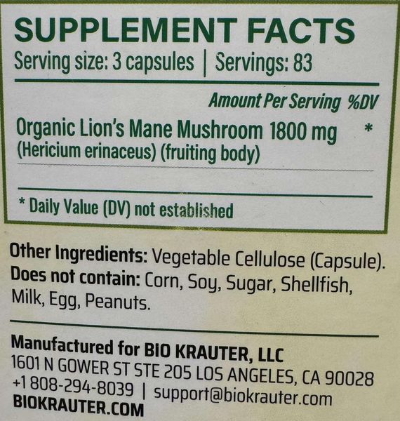 Їжовік гребінчастий BioKrauter Lion's Mane 1800 mg 250 caps 2379202967 фото