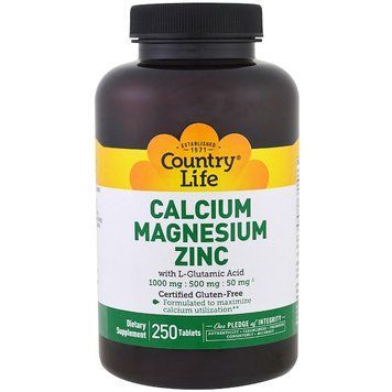 Кальцій, Магній і Цинк з L-Глютамином, Calcium Magnesium Zync, Country Life, 250 таблеток 1287120151 фото