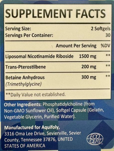 Ліпосомальний Нікотінамід Aquifoly Liposomal Nicotinamide Riboside 1500 mg 60 caps 2382752427 фото