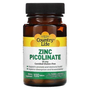 Цинк піколінат 25 мг, Zinc Picolinate, Country Life, 100 таблеток 1683970589 фото