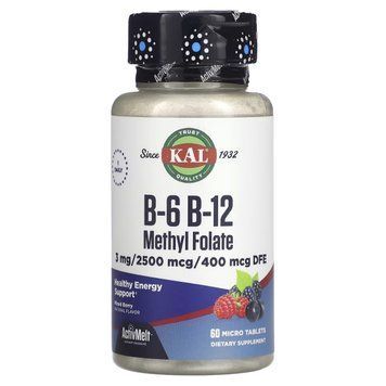 Вітаміни B6+B12 і метилфолат, смак ягід, B6 B12 Methyl Folate, KAL, 60 мікротаблеток 2026890181 фото