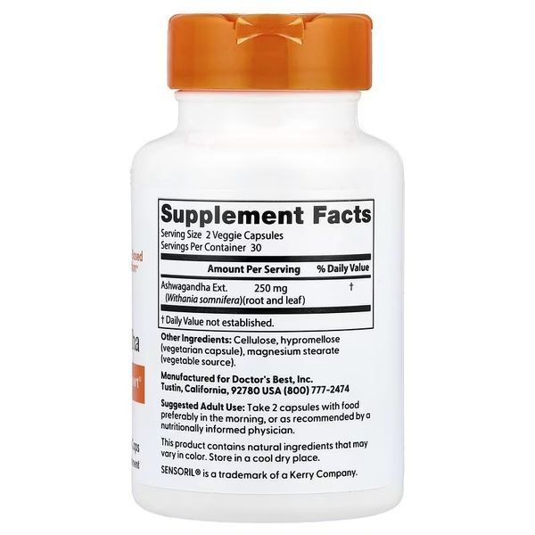 Ашваганда, Ashwagandha, Doctor's Best, 60 вегетарианских капсул 3033459866 фото