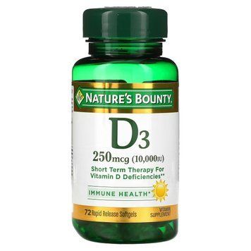 Вітамін D3 швидкого вивільнення, 10000 МО, 250 мкг, Vitamin D, Nature's Bounty, 72 гелеві капсули 2055388564 фото