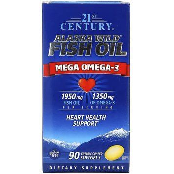 Жир дикой рыбы Аляски, Рыбий жир 1950 мг, Омега 3 1350 мг, Alaska Wild Fish Oil, Mega Omega 3, 21st Century, 90 желатиновых капсул 2026889754 фото