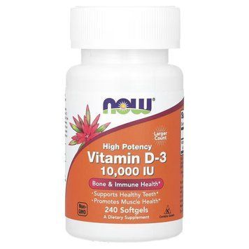 Витамин D3, 10000 МЕ, высокой эффективности, Vitamin D-3, High Potency, Now Foods, 240 гелевых капсул 3033459897 фото
