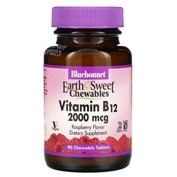 Вітамін В12 2000мкг, Смак Малини, Earth Sweet Chewables, Bluebonnet Nutrition, 90 жувальних таблеток 1222548651 фото
