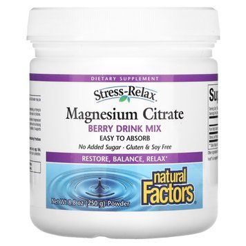 Магній цитрат у порошку, смак ягід, Stress-Relax, Magnesium Citrate, Natural Factors, 250 г NFS03540 фото
