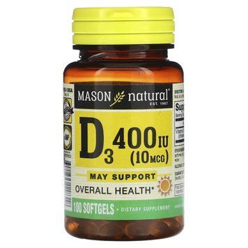 Витамин D3, 10 мкг (400 МЕ), Vitamin D3, Mason Natural, 100 гелевых капсул 2416968553 фото