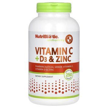 Витамин C, D3 и цинк, Immunity, Vitamin C, D3 & Zinc, NutriBiotic, 250 капсул 2619646949 фото