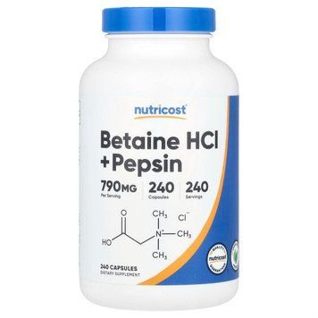 Бетаин HCL и пепсин, Betaine HCl + Pepsin, Nutricost, 240 капсул 3085700595 фото